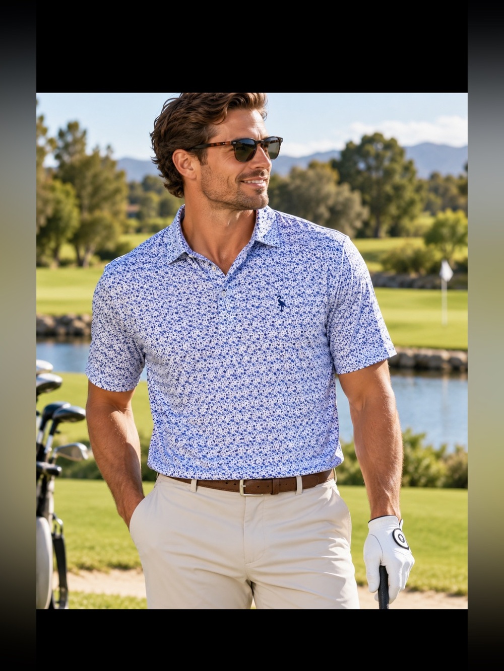 TailorByrd Men’s Large Performance Golf Polo Blue White Floral Print 🏌🏼♂️